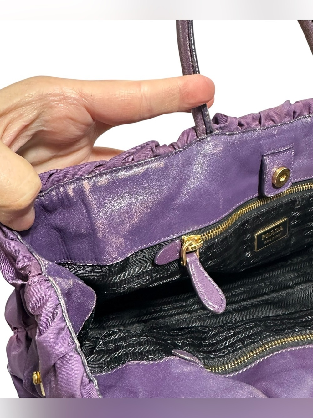 Prada Viola Purple Tessuto Nylon & Leather Pleated Tote Bag - Picture 14 of 16